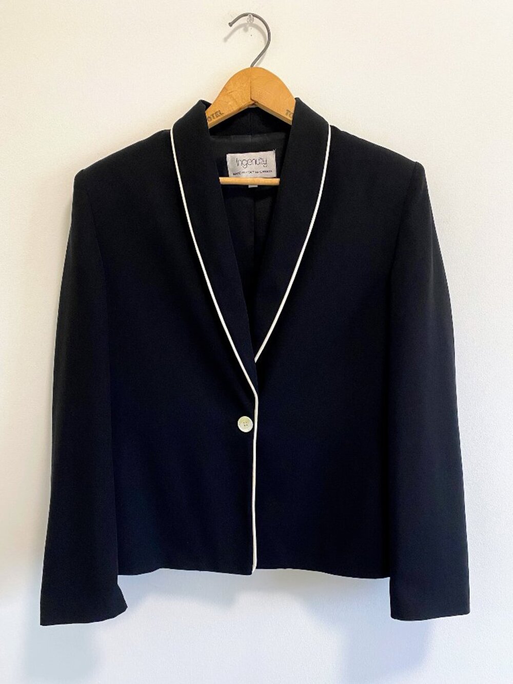 Vintage Black Single-Button Blazer w/ White Trim / 90s / Made in Canada